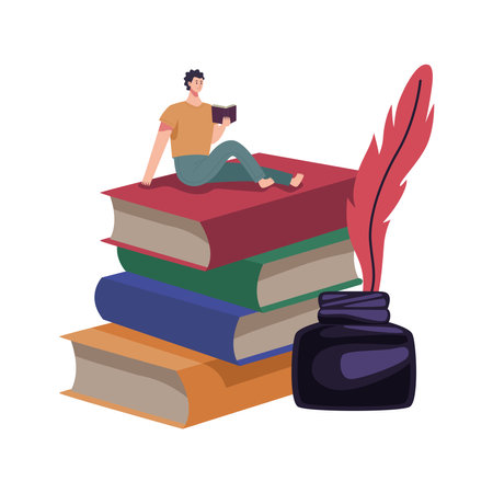 Poem book stack with quill iconのイラスト素材