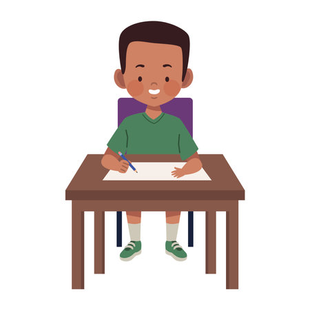 Student Drawing at Desk with Paperのイラスト素材