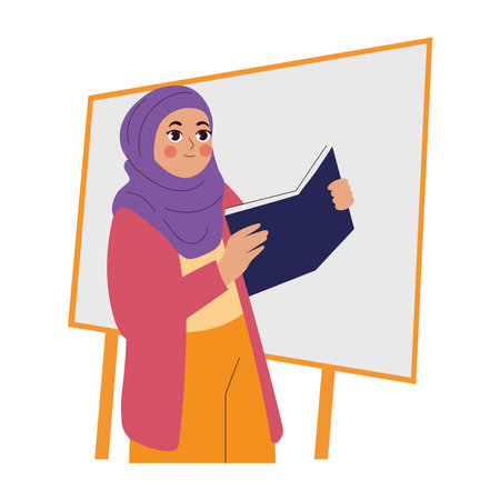 Hijab Teacher Book Reading Blackboard Muslim Classroom Instruction Female Educatorのイラスト素材