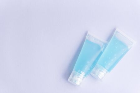 Alcohol gel bottle for hand wash anti Coronavirus outbreak, COVID-19 and germ when traveling, WUHAN virus concept,Selective focus, Copy space.の写真素材