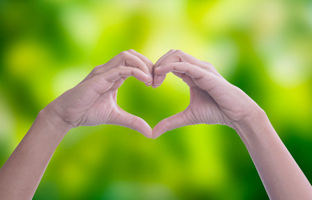 Hands making heart shape planting trees  the green bokeh background, loving the environment,protecting nature Nourishing the plants World Environment Day,Forest conservation concept.の写真素材