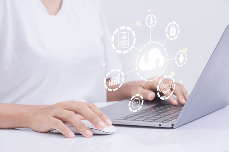 Businessman using a computer to with cloud computing diagram show, Cloud technology, Data storage,...