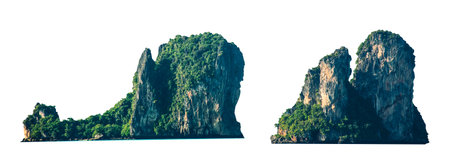 Island in the middle of the Thailand sea isolated transparency background, beautiful island mountain with trees, Asia travel summer holiday vacation idea concept of nature island the middle of the tropical sea in Phang Nga bay scenic, isolated on white background.の写真素材