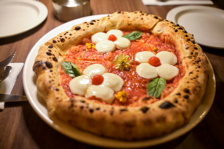 Pizza shop atmosphere, Flowers Mozzarella cheese pizza. 
Top view with selective focus,flower cheese pizza.の写真素材