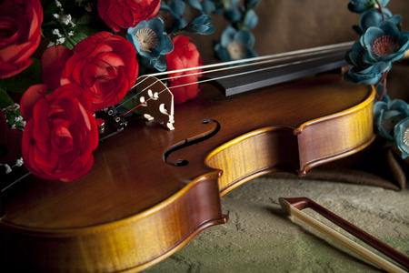 Violin with bow and flowers for concepts of music, love, romance and serenadingの写真素材