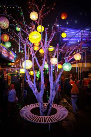 Malang, East Java, Indonesia - January 14, 2017: Colorful lampion hanging on the tree beautifully.のeditorial素材