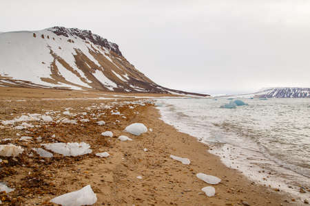 Icelandic landscape with snow-capped mountains and a sandy beach.の写真素材