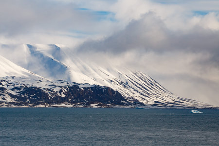 Antarctic landscape with icebergs and snow-capped mountainsの写真素材