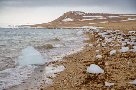 Icebergs on the shore in winterの写真素材