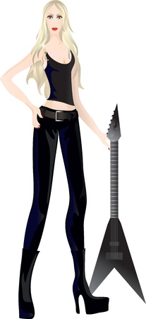 Beautiful blonde girl in black with guitar. のイラスト素材