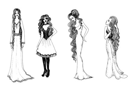 Set of black and white fashionable girls. sketchesのイラスト素材