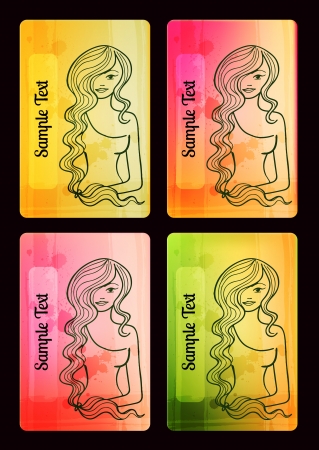 Colorful cards with a girl sketch and a place for your text.のイラスト素材