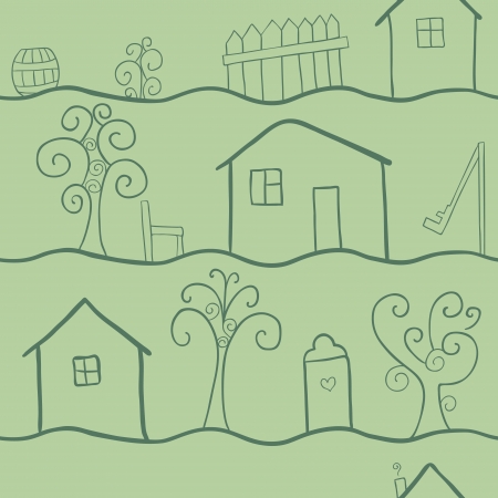 doodle seamless pattern of country life, retro green tintsのイラスト素材