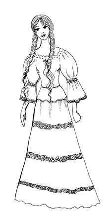 Ink pen girl contour, illustrationのイラスト素材