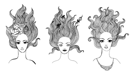 Vector black and white drawings of beautiful long-haired girls, collection.のイラスト素材