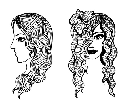 Black and white sketches of beautiful girlsのイラスト素材