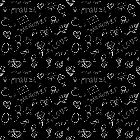 Black and white seamless pattern with stylized shapes of summer vacation attributesのイラスト素材