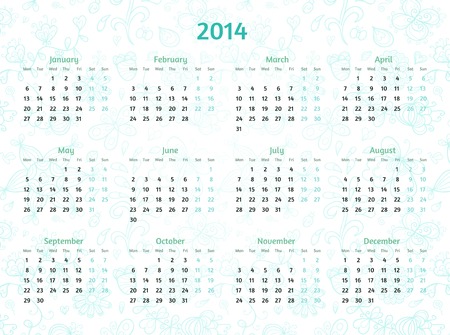 2014 Year calendar on patterned floral background. Cold green and aquamarine tintsのイラスト素材