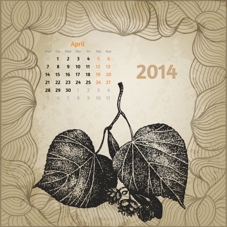 Artistic calendar with ink pen hand drawn lime tree leaves for April 2014のイラスト素材