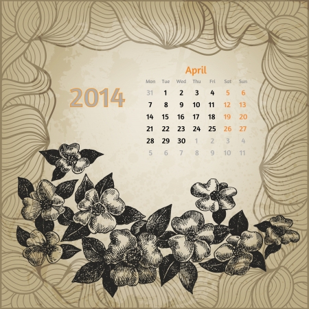 Artistic calendar with ink pen hand drawn cherry blossom for April 2014. Second variant template. One card of botanical series.のイラスト素材