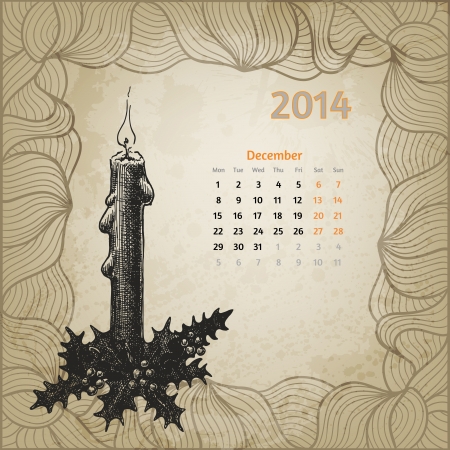 Artistic vintage calendar for December 2014. Winterberry and Christmas candle in ink style. One card of calendar series.のイラスト素材