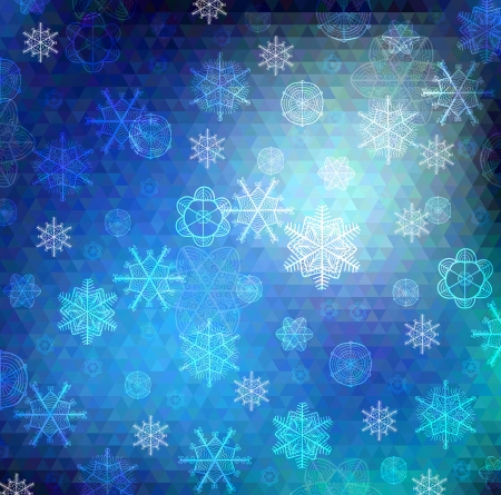 Vector background. Hand drawn snowflakes on varied colors blue poygon backdropのイラスト素材
