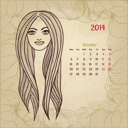 Artistic vintage calendar for October 2014. "Woman beauty" series.のイラスト素材