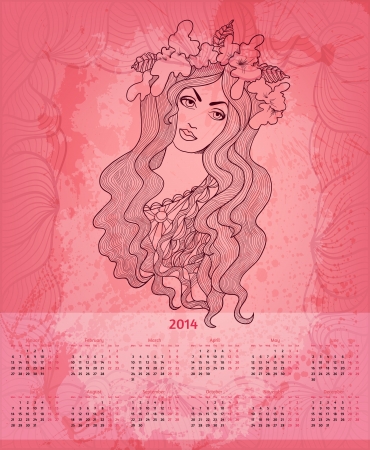 2014 Year vector calendar. Pastel rosy colorsのイラスト素材