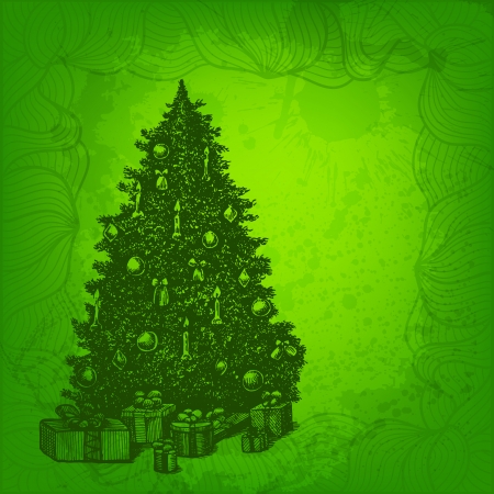 Colorful vector background. Christmas tree and presentsのイラスト素材