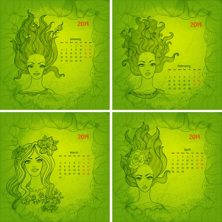 Colorful vector calendars for 2014 year. Beautiful girls series. Part 1のイラスト素材