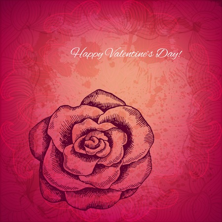 Artistic vector valentine background with ink style hand drawn rose flowerのイラスト素材