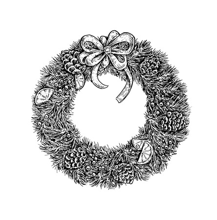 Black and white vintage sketchy style illustration of a Christmas wreath. Vector designのイラスト素材