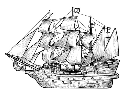 Old sailing boat illustration, drawing, engraving, ink, line art, vector illustration.のイラスト素材