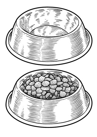 Dog, cat food in bowl illustration, drawing, engraving, ink, line art, vectorのイラスト素材