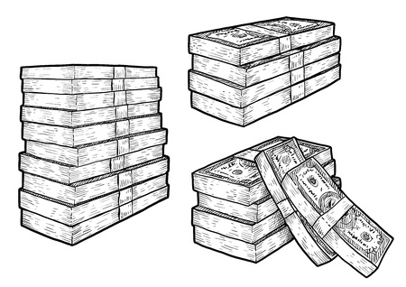 Money, bank notes, coins illustration, drawing, engraving, ink, line art, vectorのイラスト素材