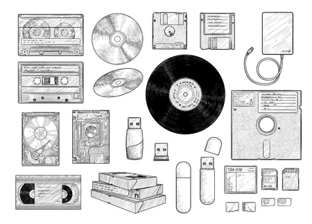 Information storage equipment collection, drawing, engraving, ink, line art, vectorのイラスト素材