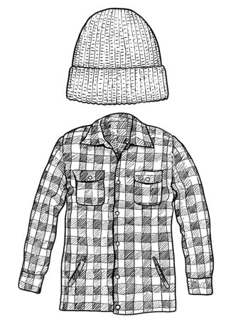 Checked shirt and hat hat illustration, drawing, engraving, ink, line art, vectorのイラスト素材