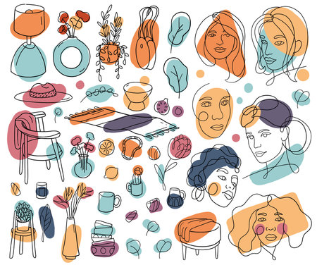 Freehand, decorative line art illustrations about faces and home related objectsのイラスト素材