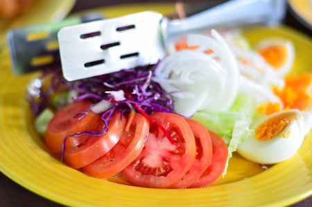 Fresh tomatoes with vegetable and egg saladの写真素材