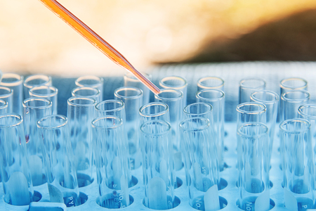 Lab science research glass items adding drop to one of several test tubes. A scientific experiment in a science research Laboratory.の写真素材
