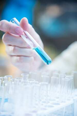 Lab science research glass tube several test tubes. A scientific experiment in a science research laboratory.の写真素材