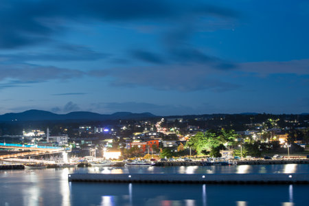 This is a beautiful night view of Wimi Port in Seogwipo, Jeju Island, Korea.の写真素材