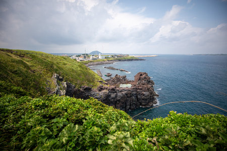 This is a beautiful view of Seongsan Ilchulbong, a famous tourist attraction in Jeju Island.の写真素材