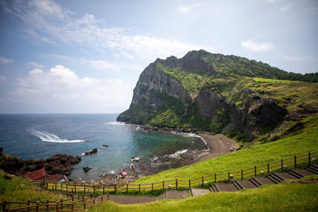 This is a beautiful view of Seongsan Ilchulbong, a famous tourist attraction in Jeju Island.の写真素材