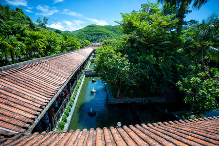 Boat on the canal in the village of Mae Hong Son, Thailandの写真素材