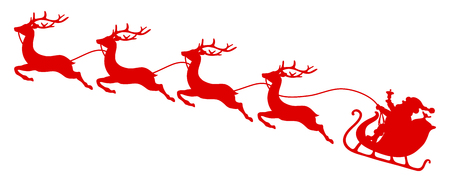Red Christmas Sleigh Santa And Four Flying Reindeerのイラスト素材