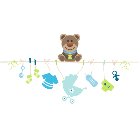 Teddy Sitting On String Holding Hanging Baby Icons Boyのイラスト素材