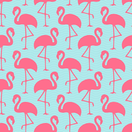 Seamless Pattern Flamingo's Ans Waves Pink And Blueのイラスト素材
