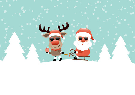 Reindeer Pulling Sleigh With Santa Sunglasses Snow And Forest Turquoiseのイラスト素材