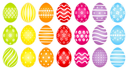 Set Of Twenty-One Colored Easter Eggs With Different White Patternsのイラスト素材
